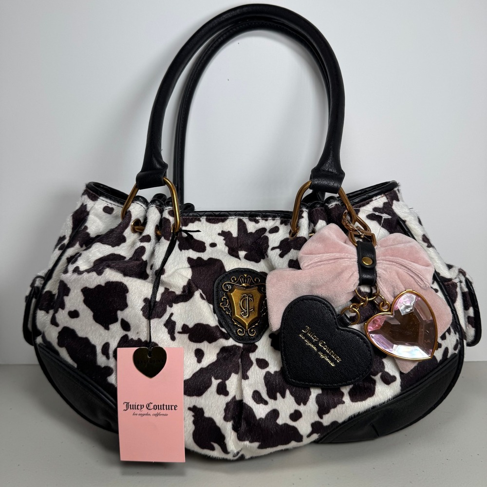 Juicy Couture Romance Cow Print Satchel Bag Faux Fur Pink Bow Heart Charm BW